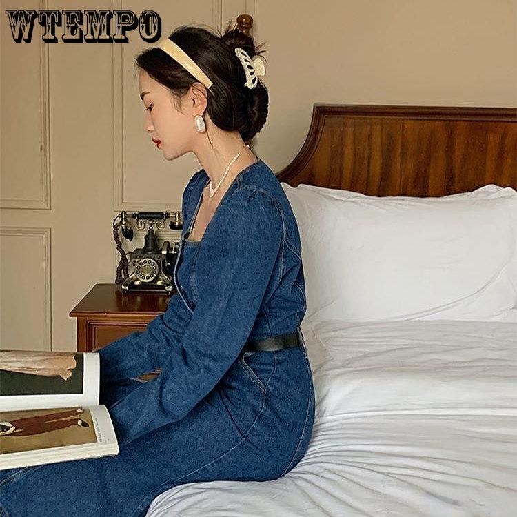 2023 Retro Square Neck Bubble Sleeve Denim Kleid Weiblichen Frühling Chic Langarm Hohe Taille Einfarbig Denim Fischschwanz Kleider