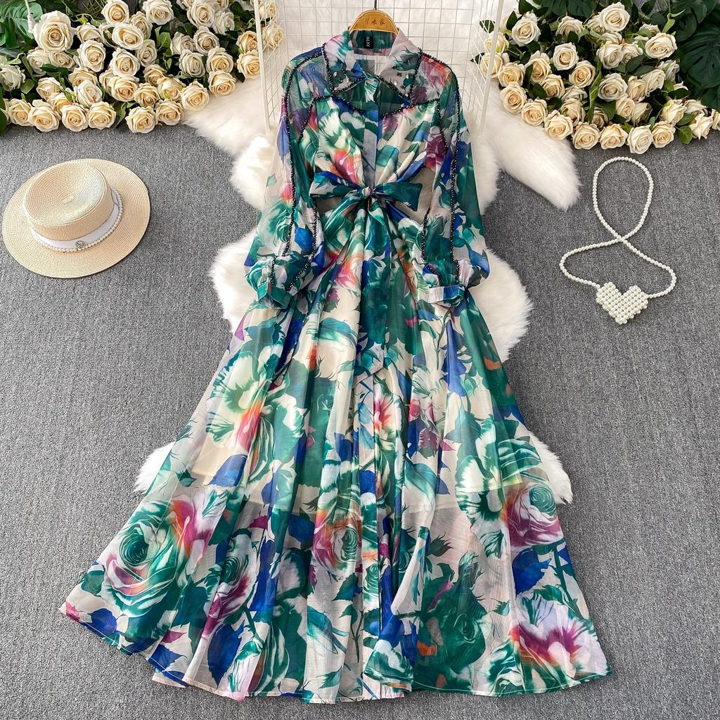 Diamond Embedded Gemstone Collared Long Dr Women's Slimming Beautiful Holiday Print Full Dresses  A-Line Woman Dress