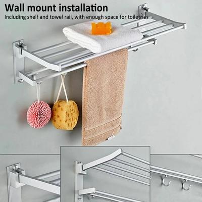 40cm Shower Shelf Foldable Aluminum Bathroom Towel Coat Rack with 5 Hooks Silver Bathroom Accessory Storage Rack Towel Organizer