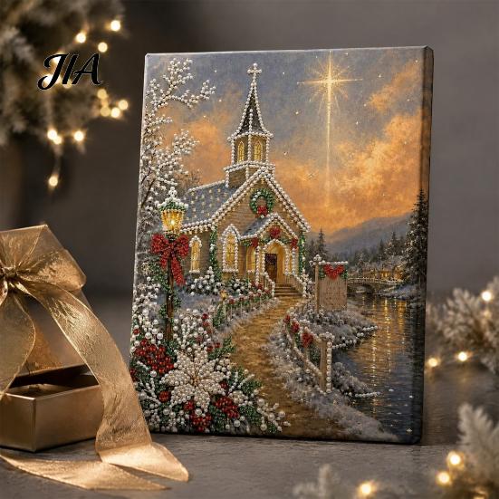 Stress Relief Hobbies Christmas Church Faux Pearl Art Kit, Painting DIY 15.75 Round Crafting x 11.81 Inch Beginners Craft for Adults, Relaxing