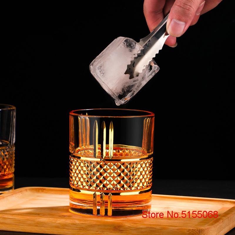 European Style Luxury Golden Old Fashioned Whiskey Rock Glass Diamond Cut Pattern Whisky Tumbler Trace Gold Wine Glass Beer Cup