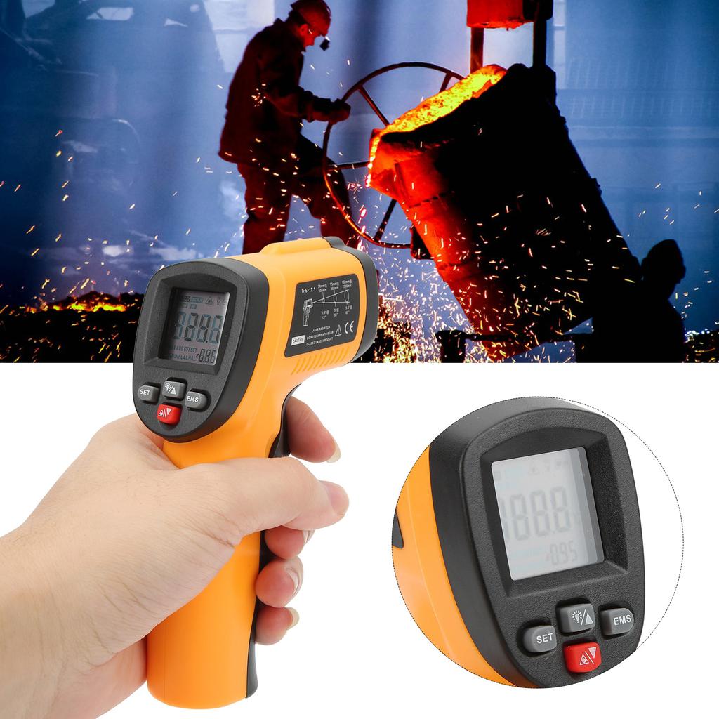 Infrared thermometer - handheld temperature measuring device for industrial use with   emissivity for industrial temperature tests