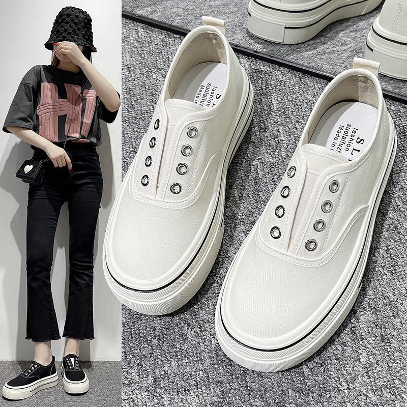 Thick-soled Elastic One-pedal Canvas Shoes Women's New Versatile Breathable Casual Shoes Autumn Little White Shoes Board Shoes Women