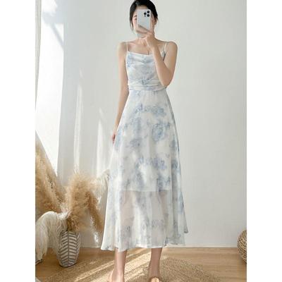 Chic Blue Rose Print Dress: Backless Cami Dress and Maxi Skirt for Summer