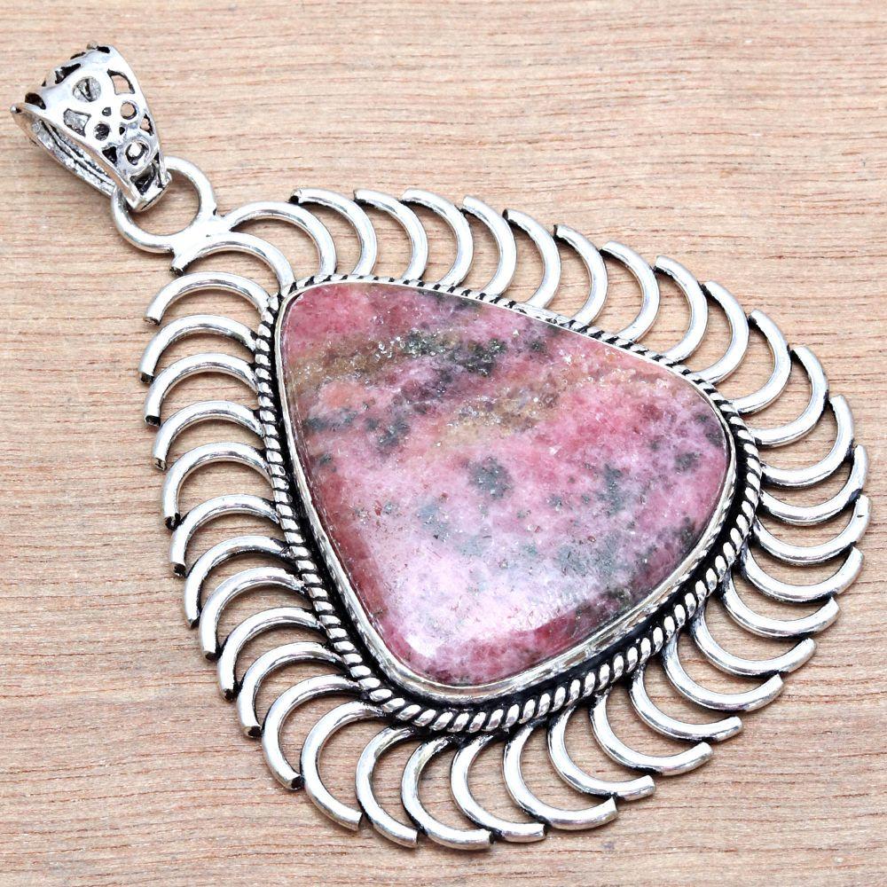Pendant Rhodonite Gemstone Handmade Mother'Day Gift Silver Jewelry 2.5"