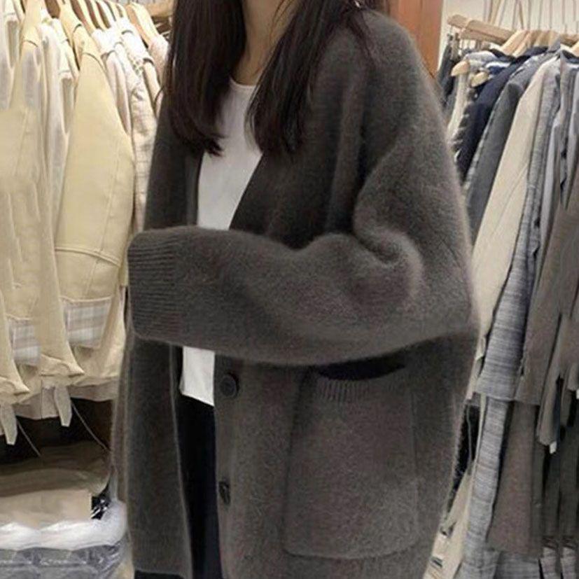 Velvet Coffee Raccoon Japanese Retro Loose Knitted Cardigan Sweater - Mid-Length, Spring & Autumn Style