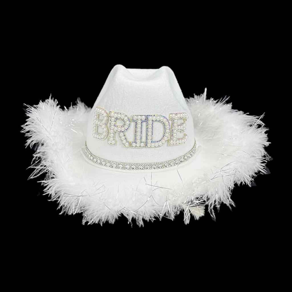 Handmade Wedding Party Cowgirl Hat with Pearl BRIDE Letter Bridal Western Fedoras Hat with Plush Trim for Photography