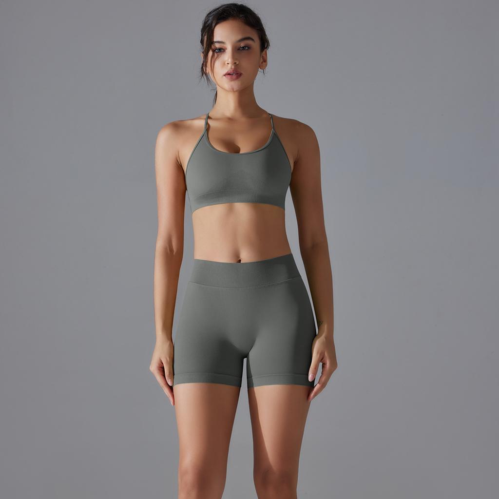 Seamless Cross Yoga Suit Breathable Quick Drying Tight Fitting Sports Suit Running Fitness Suit Two-Piece Set For Women