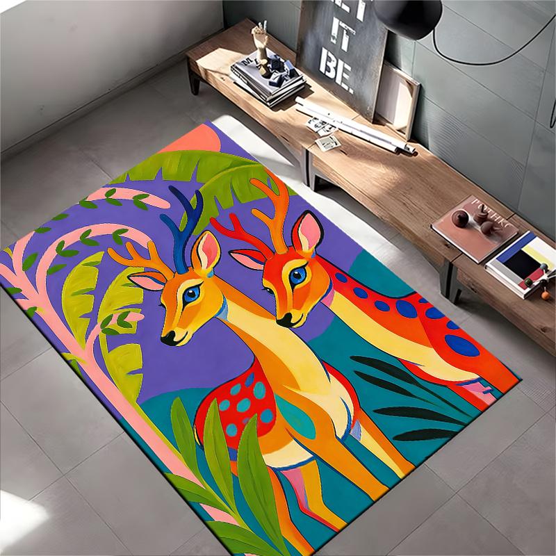 Colorful Deer Pattern Carpet with Tropical Leaves Design Suitable for use as an anti-slip for living room bedroom sofas