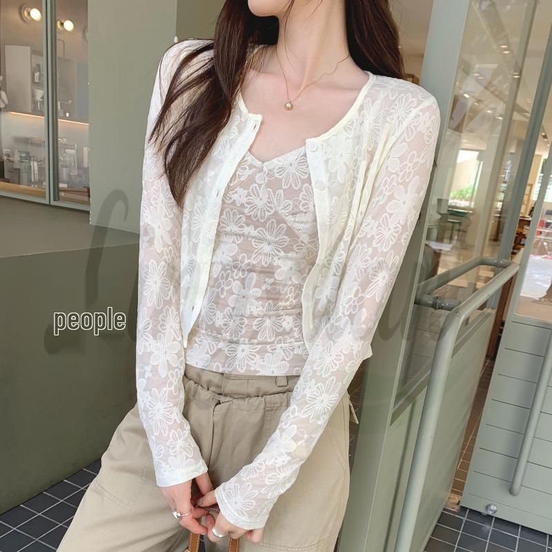 

Authentic French Lace Long-Sleeve Cardigan T-Shirt for Women - Elegant Spring/Summer Sun Protection Top XL грязно-белый