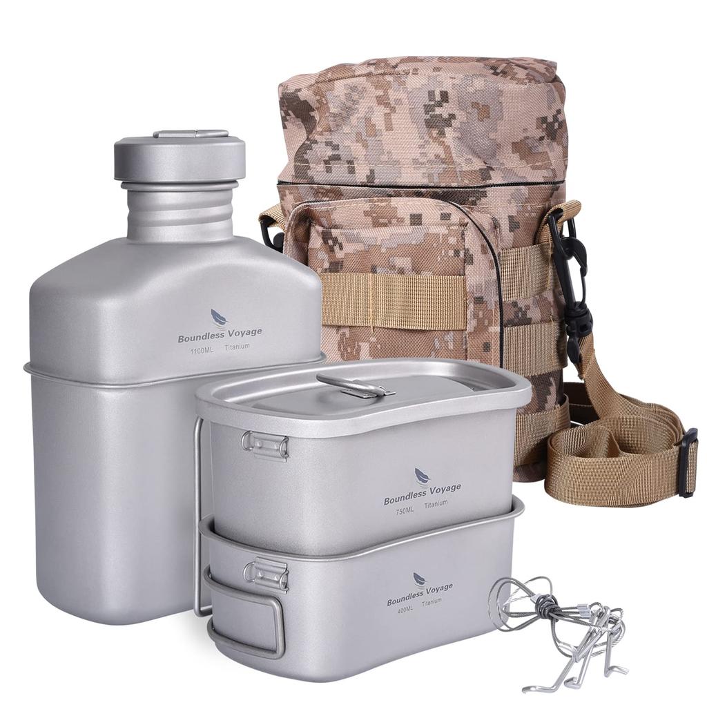 Boundless Voyage Titanium Military Canteen, Military Style Cookware Set with Messing Kit (400ml + 750ml + 1100ml Matte Finish, 3-Piece Set, Ti2049C)