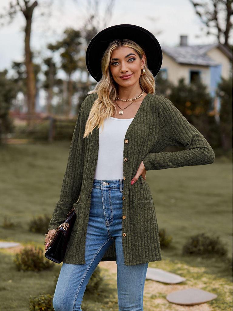 2023 Autumn Women's Brushed Ribbed Long Sleeve Cardigan Coat