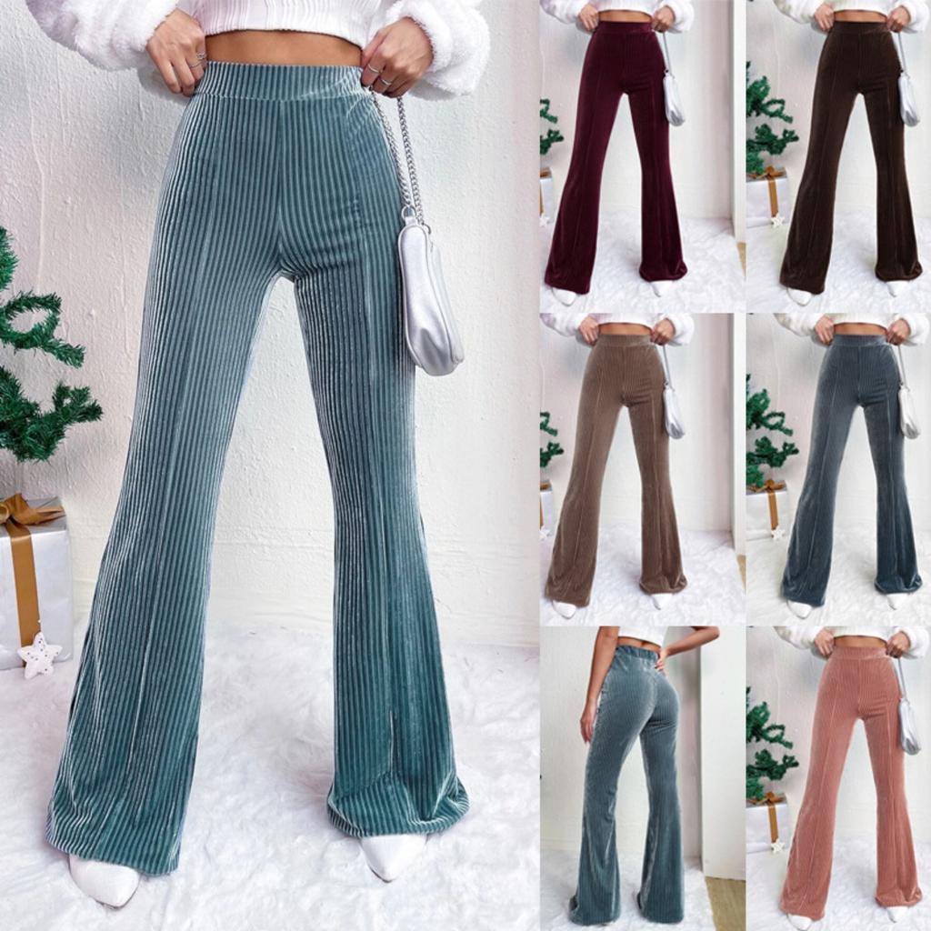 Women's High Waist Corduroy Flare Pants Stretch Solid Color Casual Winter Trousers
