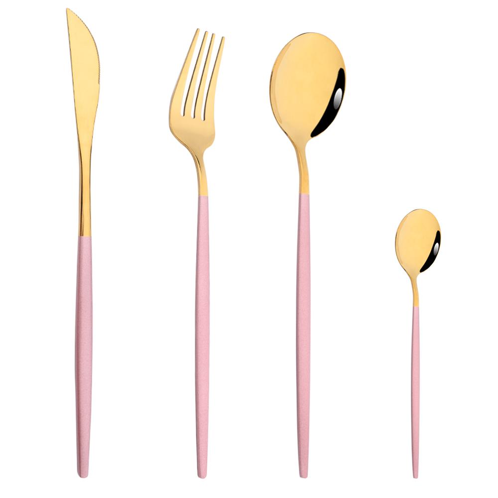 Drmfiy Pink Silver Stainless Steel Dinnerware Set Fork Knife Soup Ice Spoon Cutlery Set Western Flatware Kitchen Silverware Set
