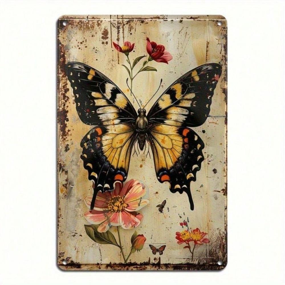 Butterfly Flower Vintage Metal Poster Wall Art 12x8 Inch Home Decor