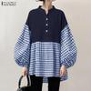 ZANZEA Women Plaid Print Splice Long Sleeve Loose Casual Blouse