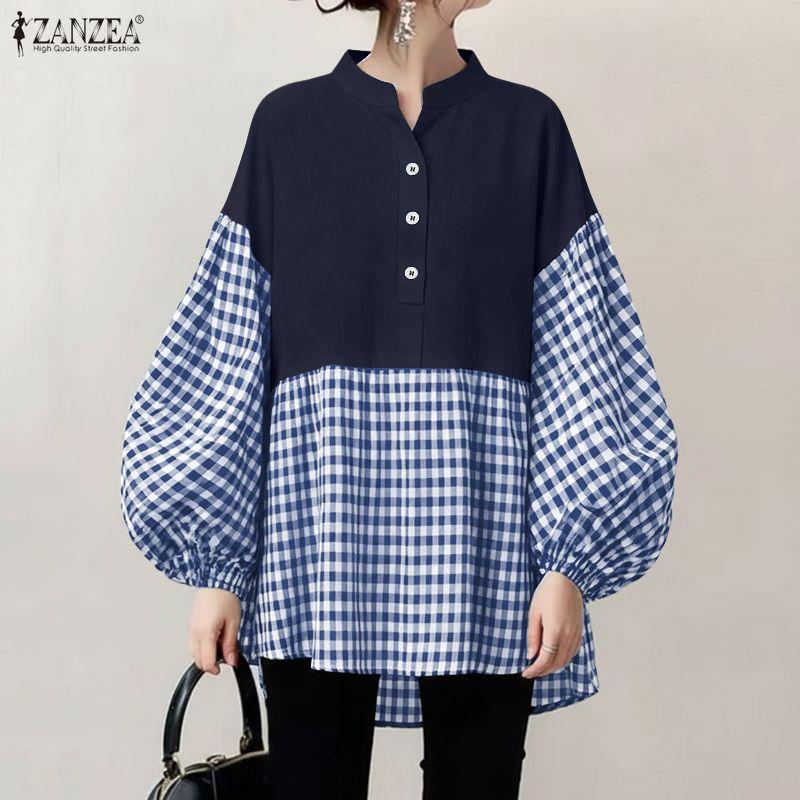 ZANZEA Women Plaid Print Splice Long Sleeve Loose Casual Blouse
