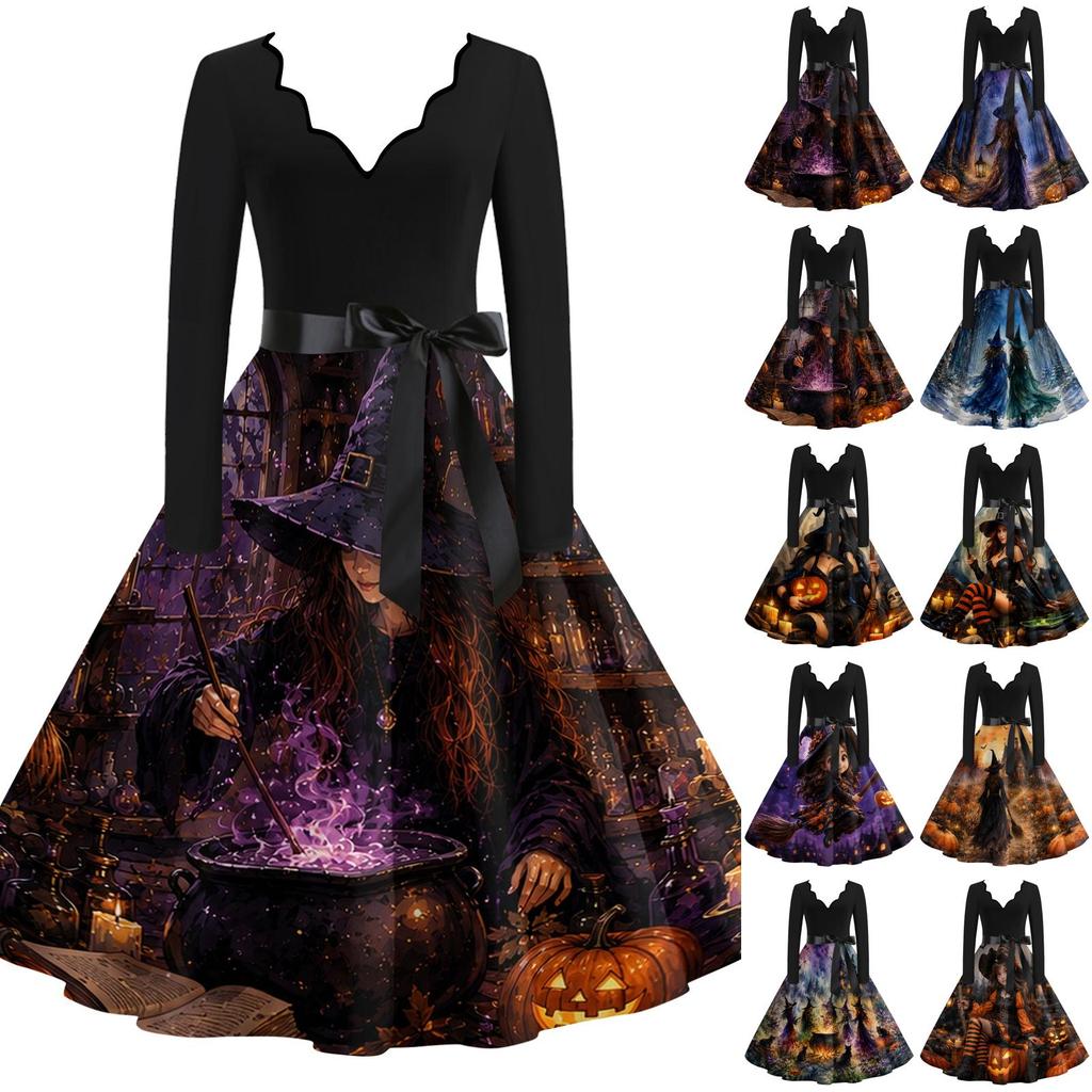 Women's Casual Vintage V-Neck Long Sleeve Dress with Blood Drop Print for Halloween