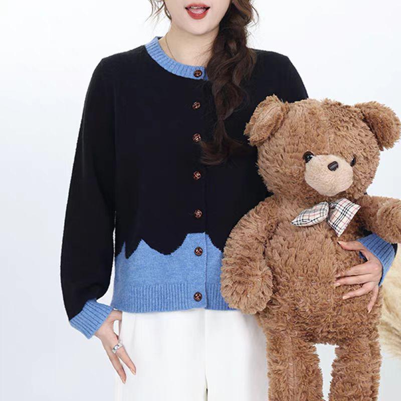 Korean Round Neck Patchwork Knit Cardigan - Women's Casual Loose Sweater for Autumn & Winter