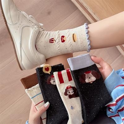 Sweet Plush Dog Student Mid-calf Socks for Girls Autumn and Winter School Style Cute Polka Dot Lace Pile Socks