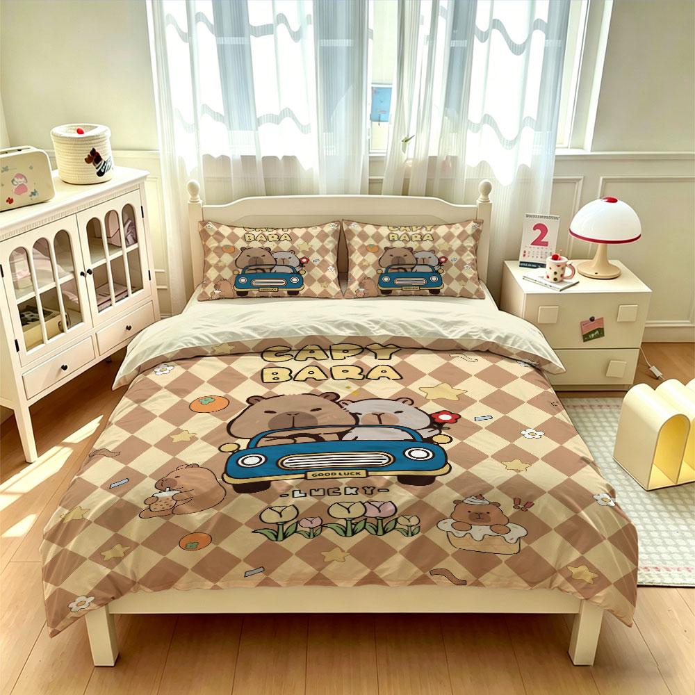 Baby Capybara Bettbezug Set 3-teilig Cartoon Fahrendes Auto Print Bettwäsche Set mit Kissenbezügen für Kinderzimmer