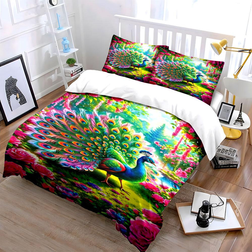3pcs Peacock Rose Pattern 1 Duvet Cover+ 2 Pillowcases,Fashionable and soft Bedding set, Skin-Friendly, Suitable for Bedrooms
