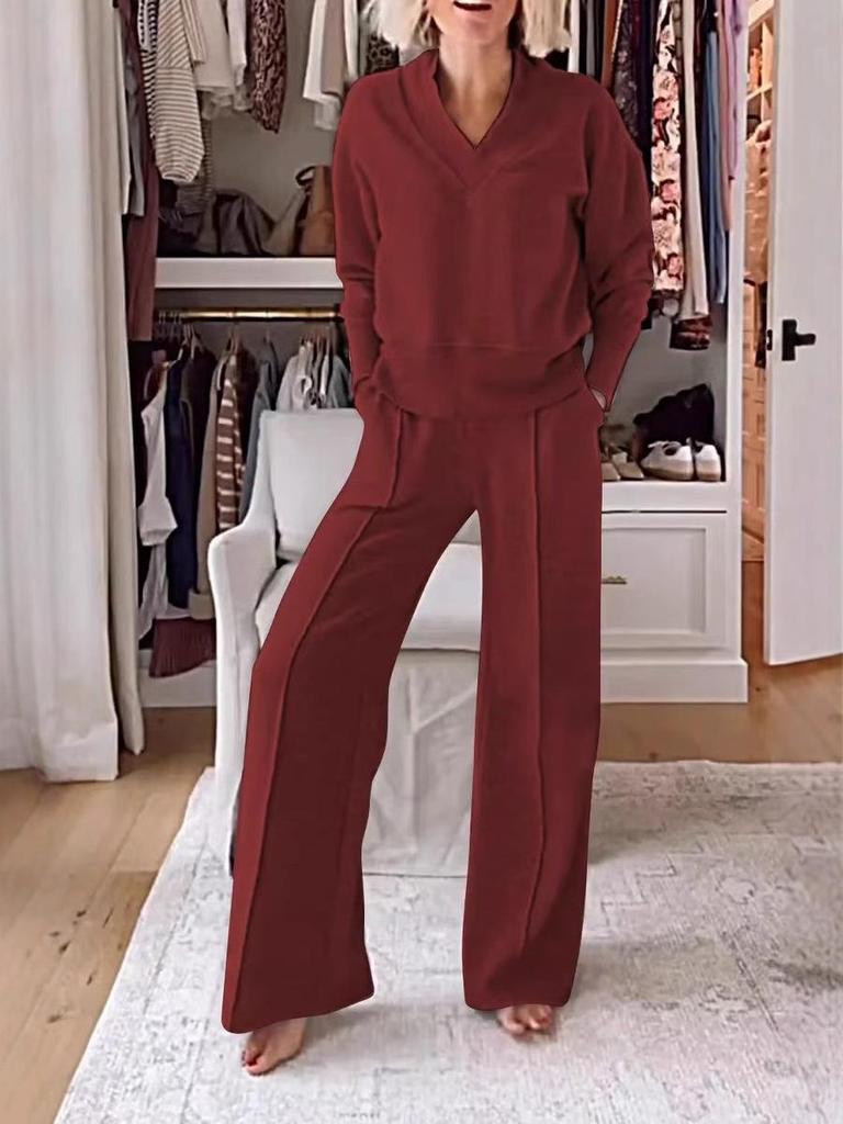 2025 Autumn/Winter V-neck Long Sleeve Loose Solid Color Women's Fashion Casual Pants Set