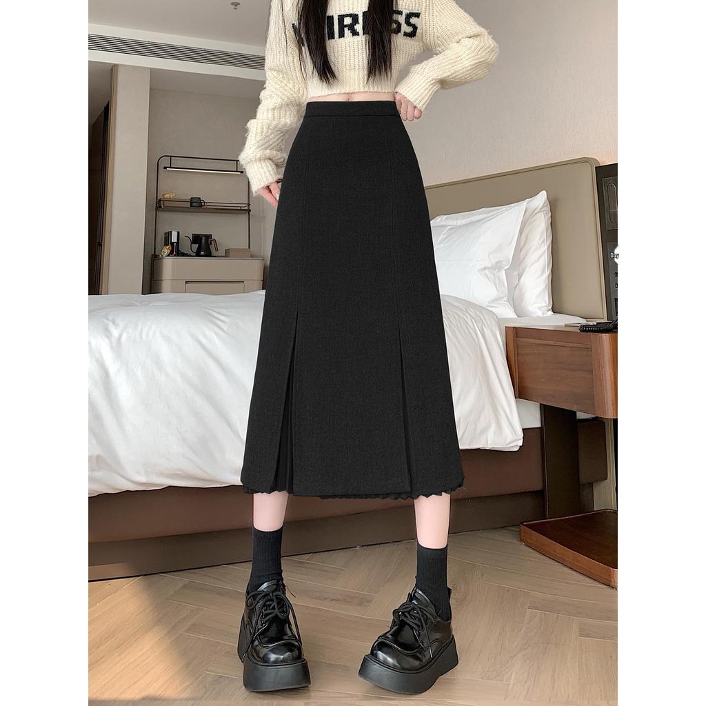 Women's Gray Wool Plaid Pleated A-Line Skirt - High Waist, Mid-Length, Slimming, with Slit for Autumn/Winter