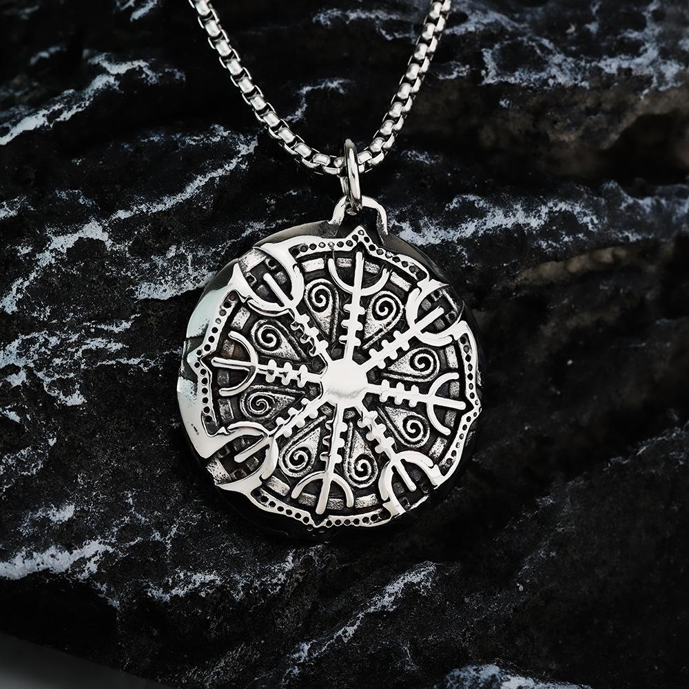 Vintage Solid Stainless Steel Compass Rune Pendant Necklace For Men