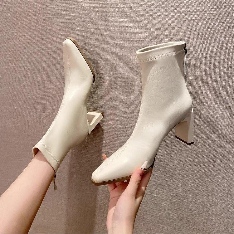 High Heel Small Square Head Thin Boots 2024 Herbst Französische Neue Dicke Absatz Elastische Stiefel Einfaches Temperament Kleine Kurze Stiefel Einzelstiefel