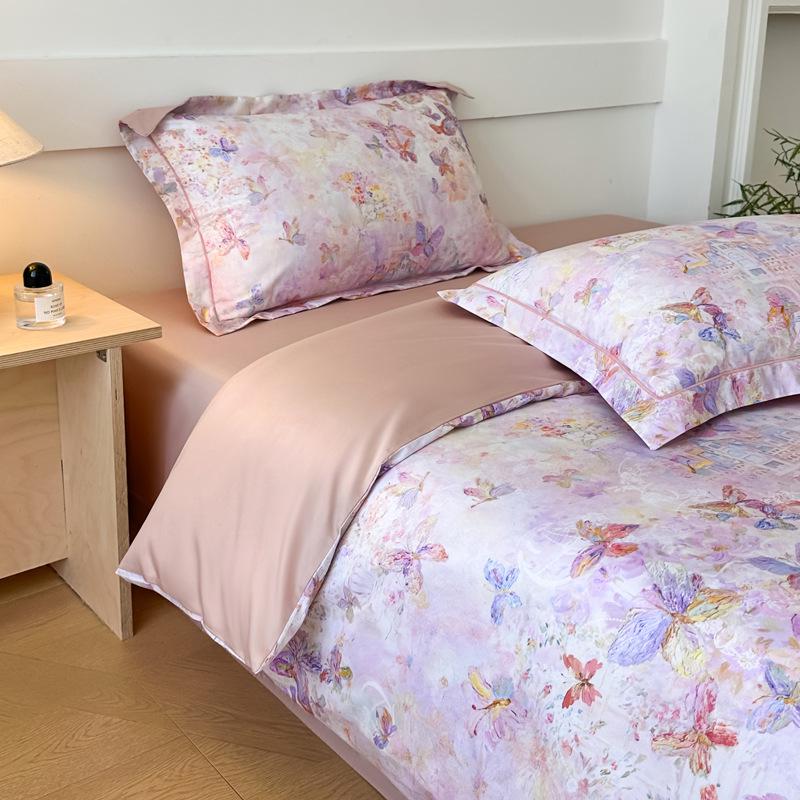 60s Long-Staple Cotton Digital Print 4-Piece Bedding Set with Duvet Cover, Bed Sheet, and Gift Bag