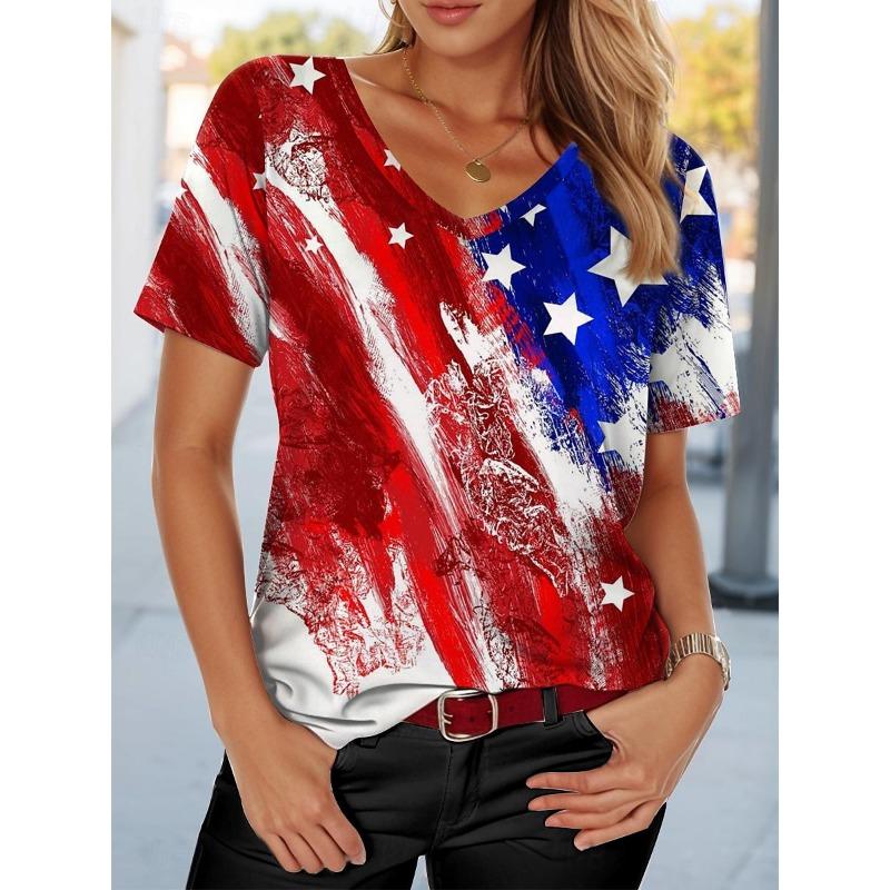 2026 New Star Print Women's T-Shirt Plus Size Top America Flag Summer Women's Trendy Clothing