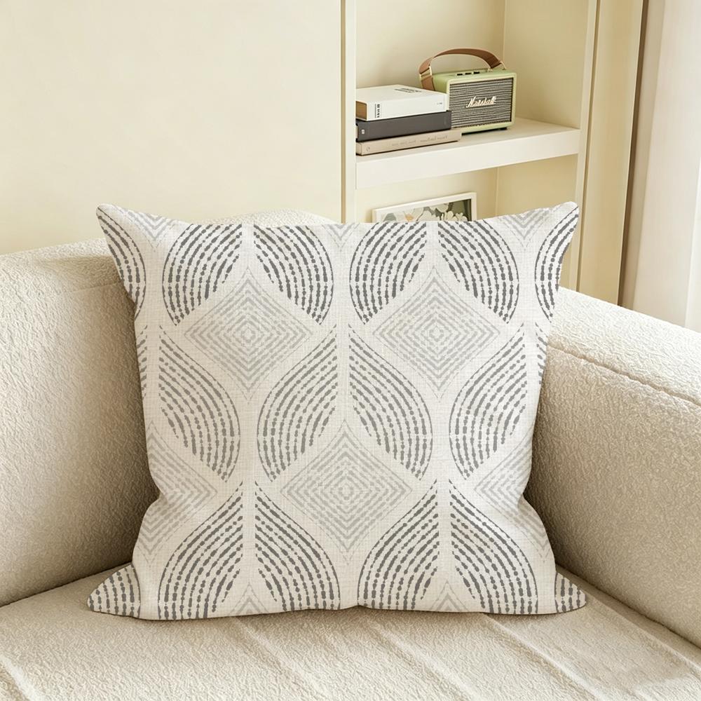 G-Gray White Geometric Pattern Cushion Cover Natural Linen Pillowcase Set, All-In-One Decor For Sofa, Bedroom & Chair