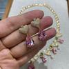 French Light Luxury Pink Zircon Flower Leaf Water Drop Zircon Necklace Earrings Set Heavy Industry Collarbone Chain