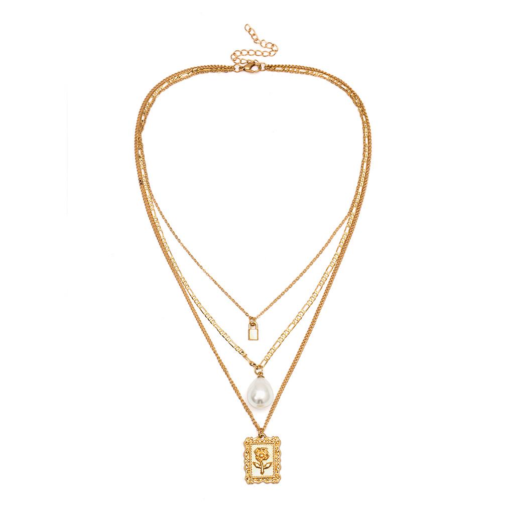 

Vintage Metal Multilayer Large Necklace Large Geometric Square Ladies Jewelry золотой