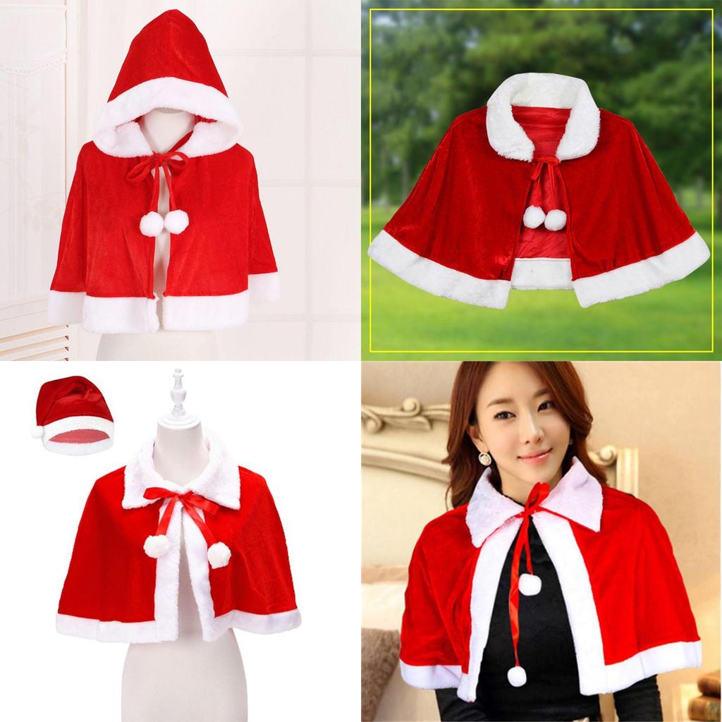 Xmas Red Velvet Santa Claus Hooded Cloak With Hat For Kids Adults