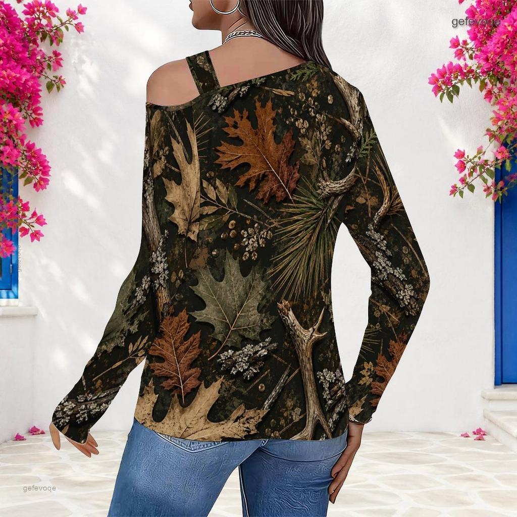 Women Plus Size Asymmetric Cutout Neck Cold Shoulder Long Sleeve Green Black White Printed Top