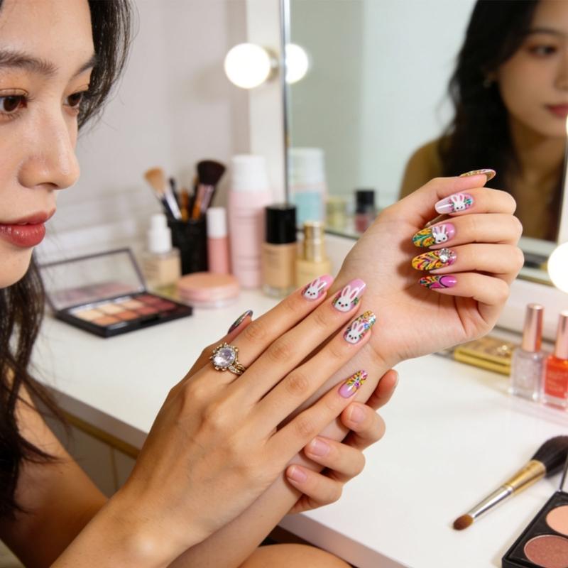 ABS Material Short Square Artificial Nail Featuring Rabbit Patterns And Floral Art For Festive Occasions