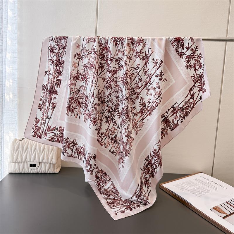 

Chinese Ink Bamboo Simulation Silk Large Square Scarf Retro Flower Printing Professional Versatile Shawl Diagonal Silk Pattern Scarf Headscarf Women 90x90cm
