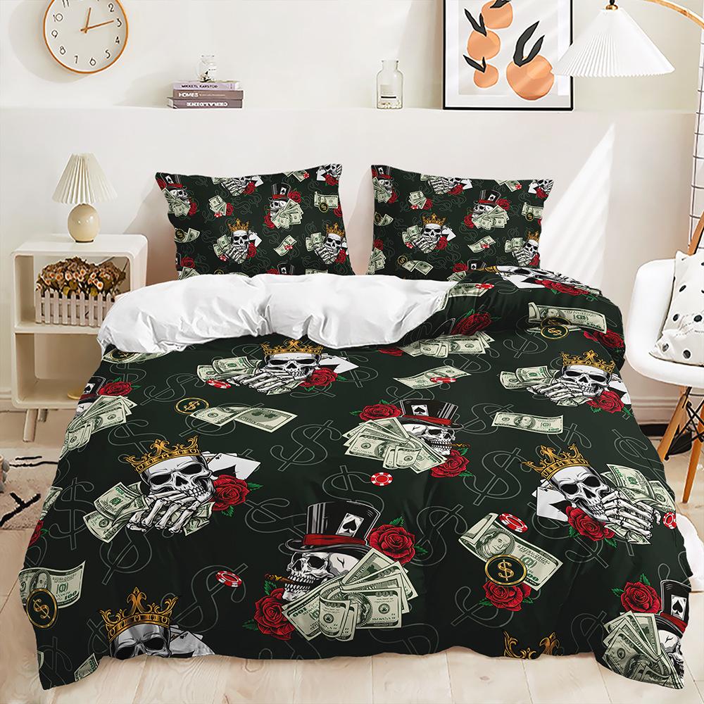 Three-Piece 3D Quilt Cover Rose Skull Dark Wind Kit Bedding