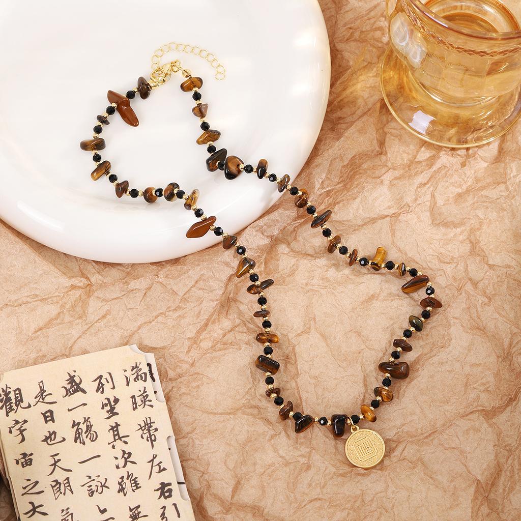 Retro Ethnic Style Coffee Color Beaded Necklace, Guochao Ancient Style Light Luxury Rice Beads Love Bamboo Collarbone Chain