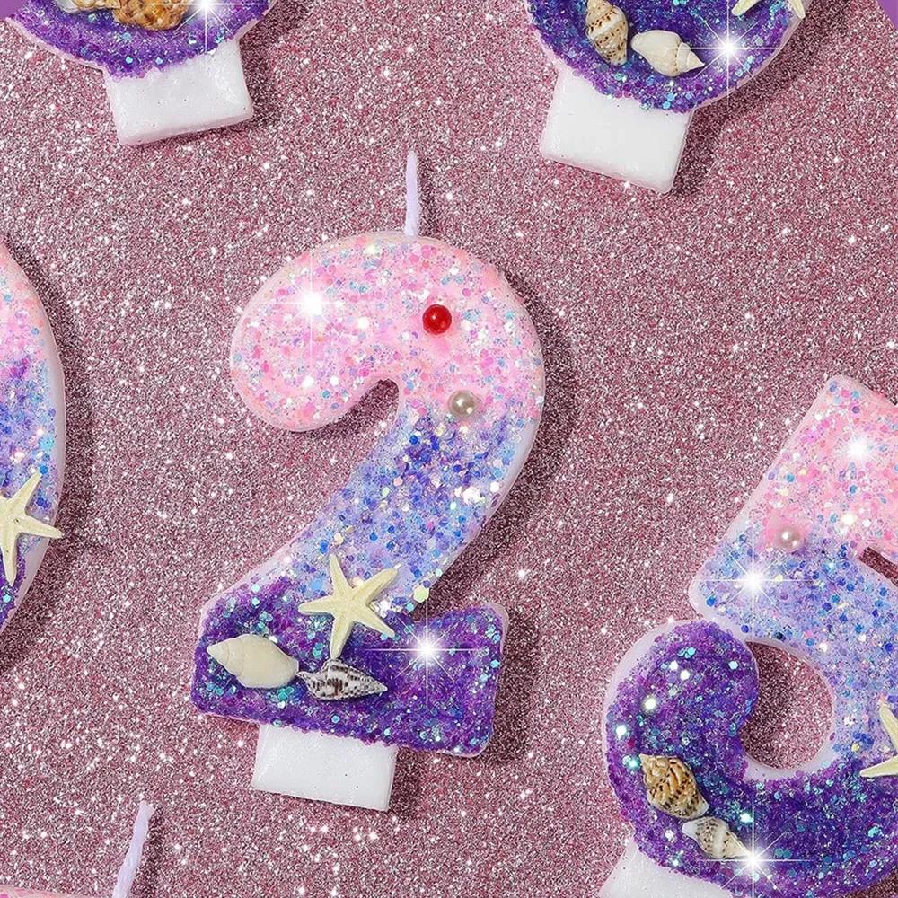 Gradiente Roxo Vela de Aniversário 1 Ano Sereia Vela de Aniversário para Bolo Brilhante Concha de Peixe Marinho Topper de Vela para Decoração de Festa