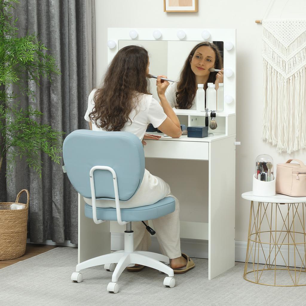 Vanity Office Chair, PU Leather Computer Chair for Home, with Adjustable Height, Armless, Swivel Wheels, Blue
