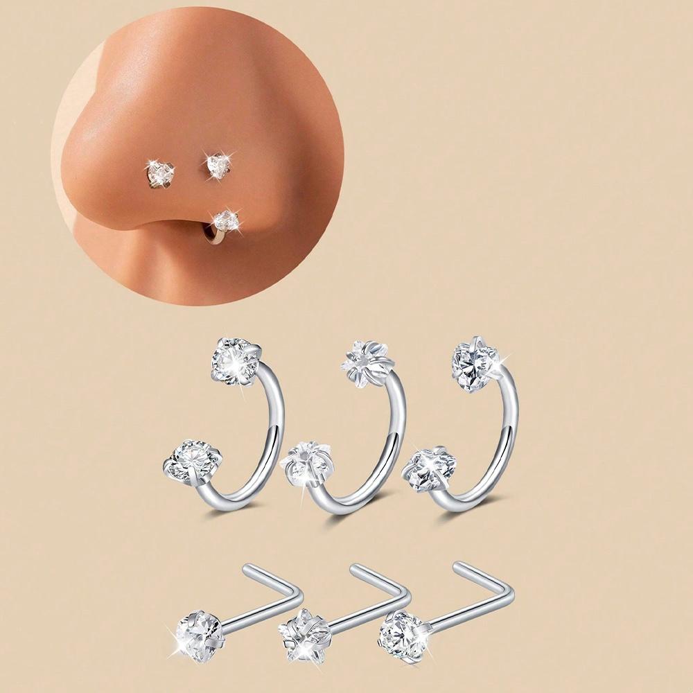 

6/2pcs Horseshoe Nose Rings With L-Shape Nose Stud, Stainless Steel Rianbow CZ Nose Ring,, Lip Eyebrow Helix Ear Piercing 18G 1.0mm&Geometric&Nose Rings & Studs&Face