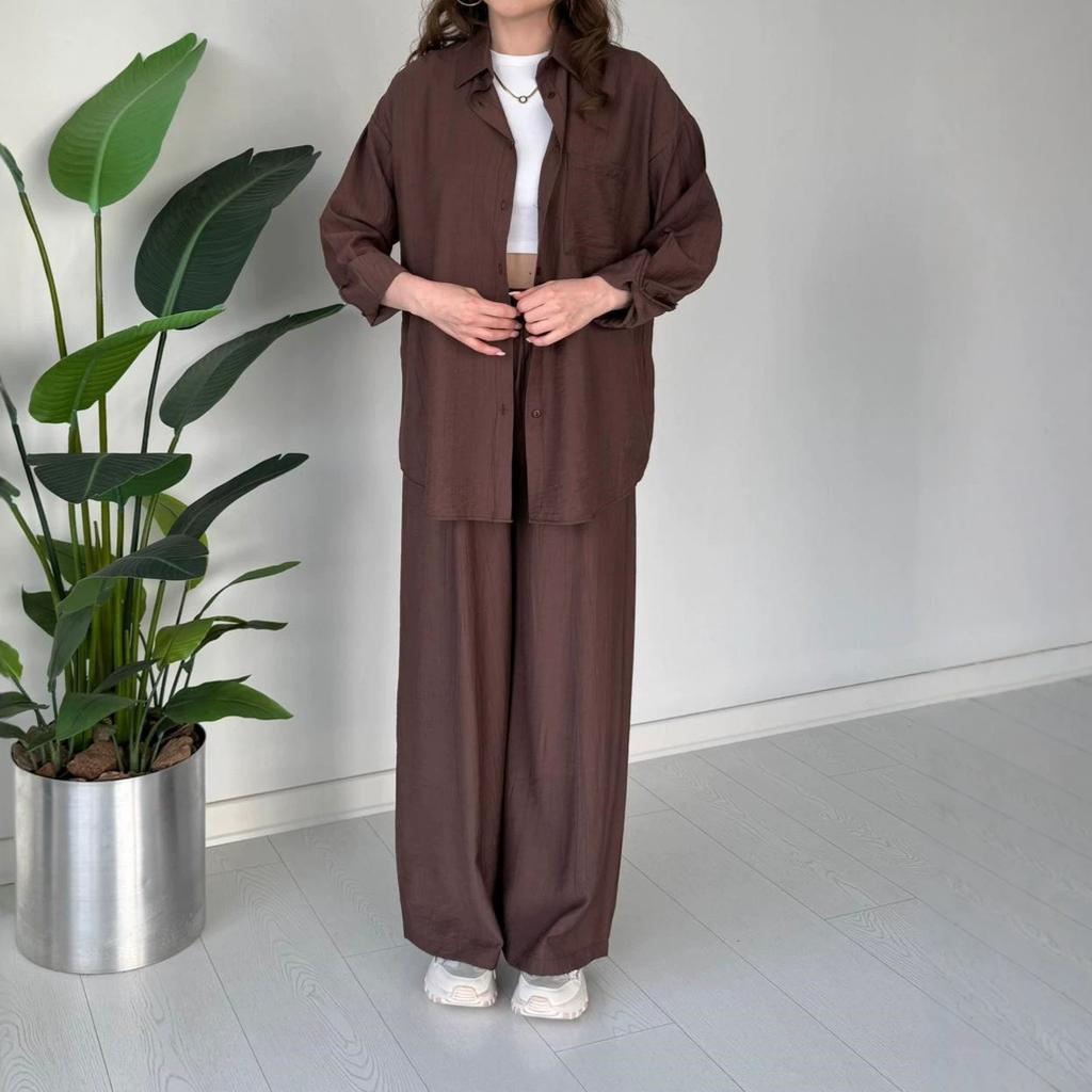 European and American women's clothing new daily casual style long-sleeved button-up shirt drawstring wide-leg pants set