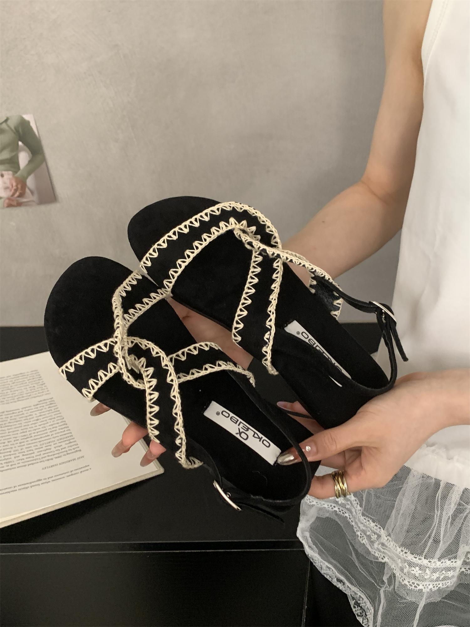 

Retro vacation wind open-toed sandals fairy shoes 2025 new summer with skirt beach shoes red roman shoes 35 чёрный