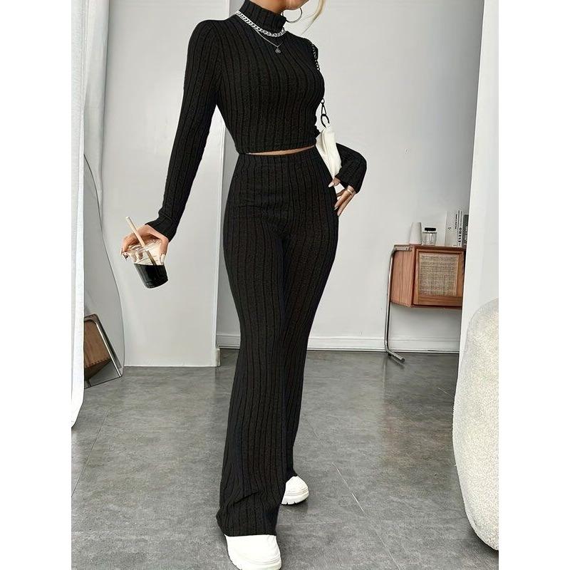 Solid Color Pit Stripe Long Sleeved Knitted Sweater Set Casual Sweater Suits Office Lady Outfits Sportwear 2 Piece Pant Sets