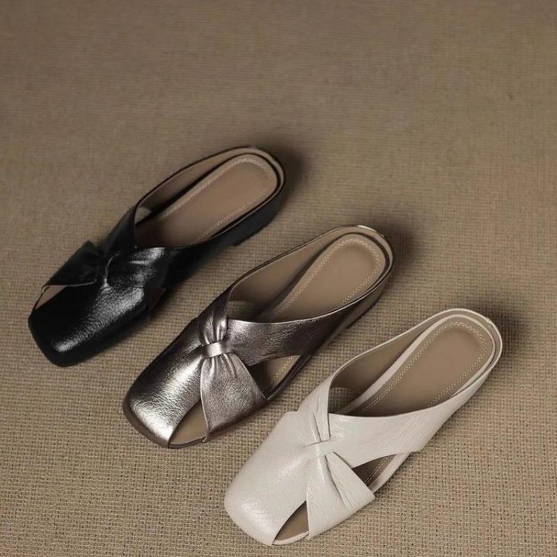 Fashion New Summer Baotou Hollow Slippers Women's Fashion Square Toe Shallow Mouth Soft Leather Flat Half Slippers Without Heel