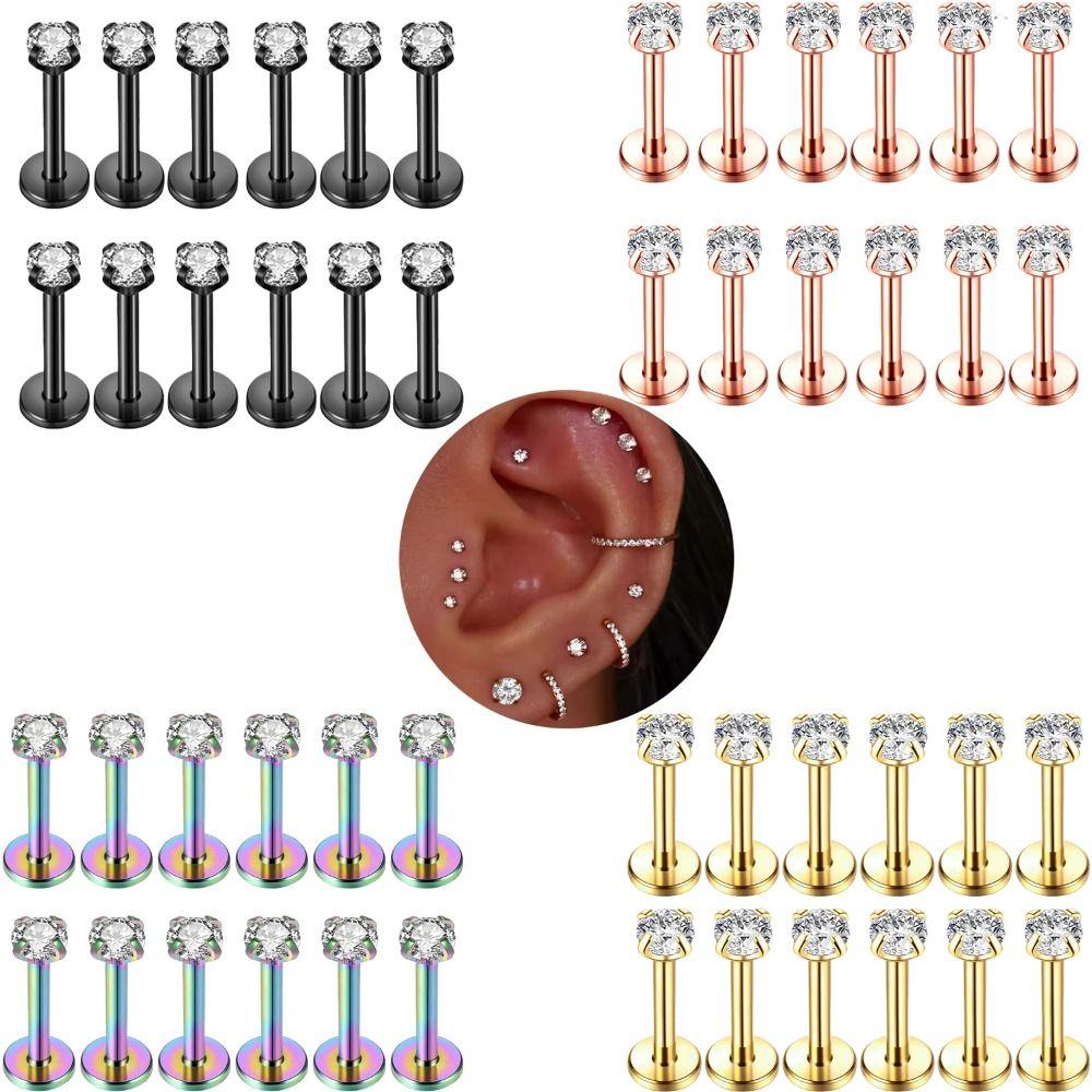 12Pcs Internally Threaded Stainless Steel Ear Studs Prevent Allergy Body Jewelry Helix Piercing
