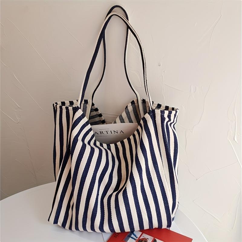 Women's Vintage Striped Tote Bag Large Capacity Open Top Unlined Shoulder Bag for Campus, Travel, Beach & Shopping Durable Casual Chic Striped Design